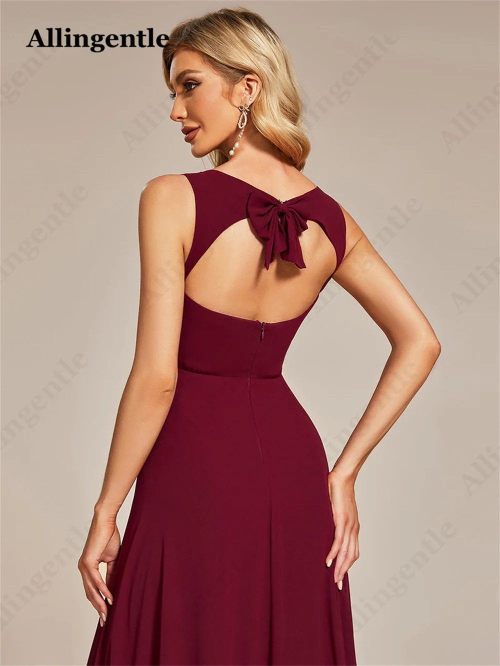 Allingentle Burgundy Elegant Bridesmaid Dress Backless Bow Design Sleeveless A-Line Prom Formal Gowns Floor Length Custom Made