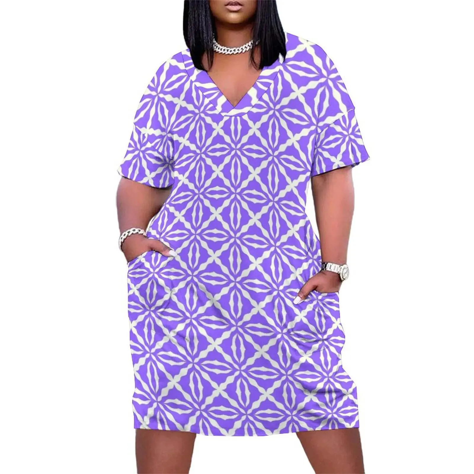 

No.154-Purple floral block pattern design Loose Pocket Dress Women's dresses Dresses women clothes