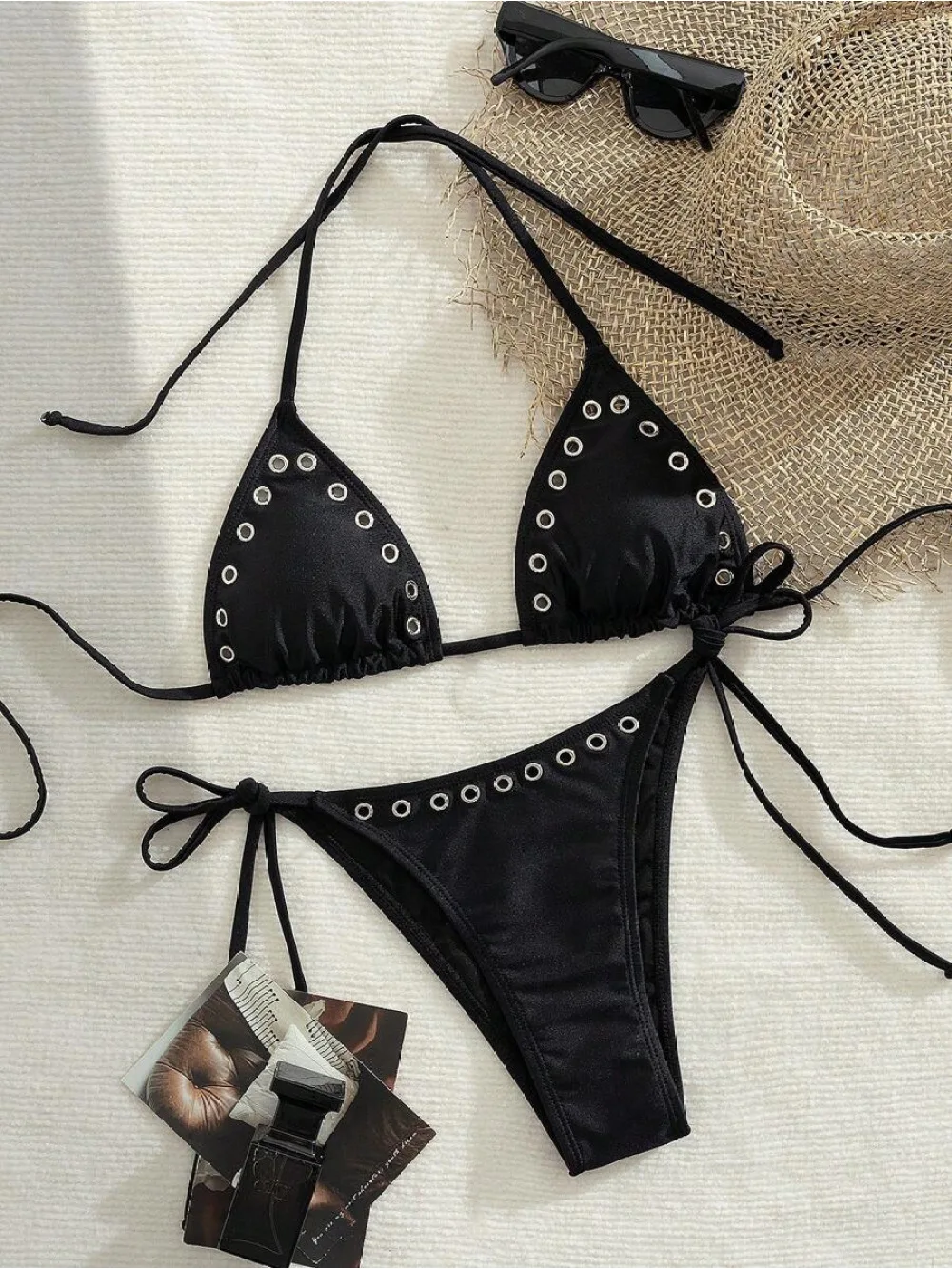 

Essential European and American Bikini Solid Color Strap Metal Hollow Decoration 2025 Summer New Sexy Slimming Style