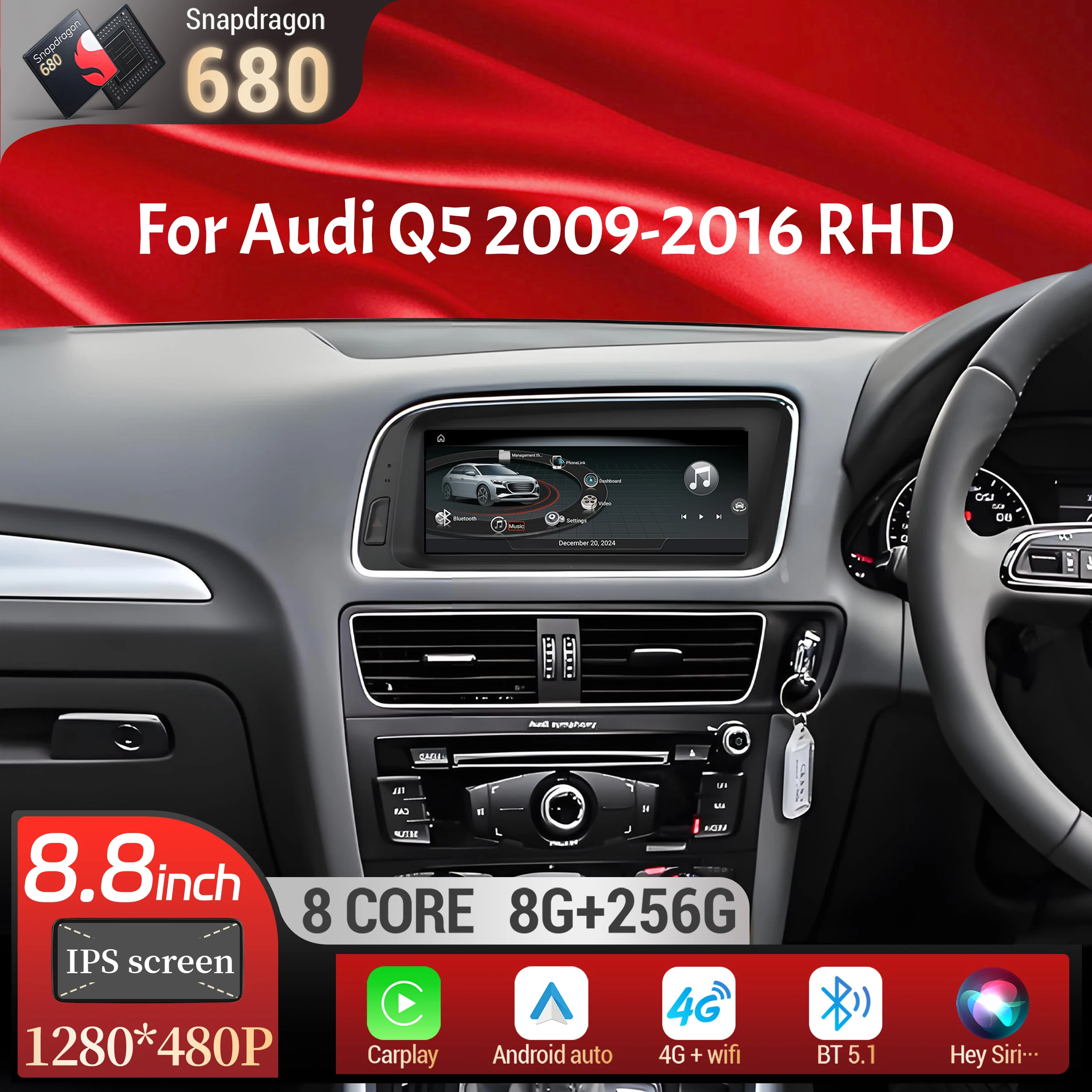 8.8 inch Right Hand Drive Android 13 For Audi Q5 2009-2016 Car Radio Wireless Carplay Qualcomm Snapdragon 680 Head Unit Screen