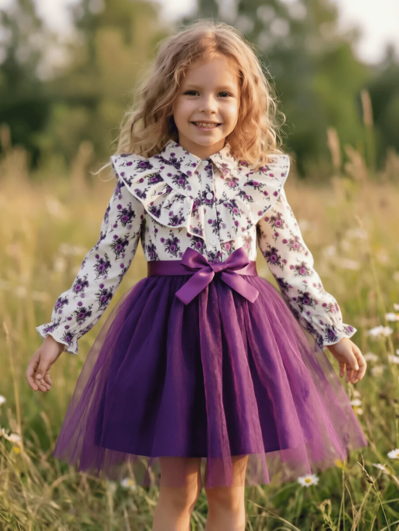 2-7 years old, collar, lotus leaf edge, floral dress, purple small flowers, floral patchwork gauze, long sleeves, autumn