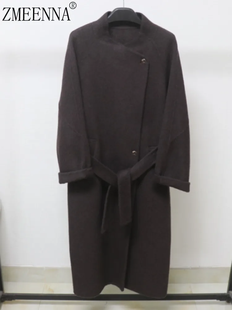 

ZMEENNA Elegant Women's Dark Brown Wool Blend Long Coat With Stand-Up Collar Stylish Outerwear Jacket Belted Waist ZM3864