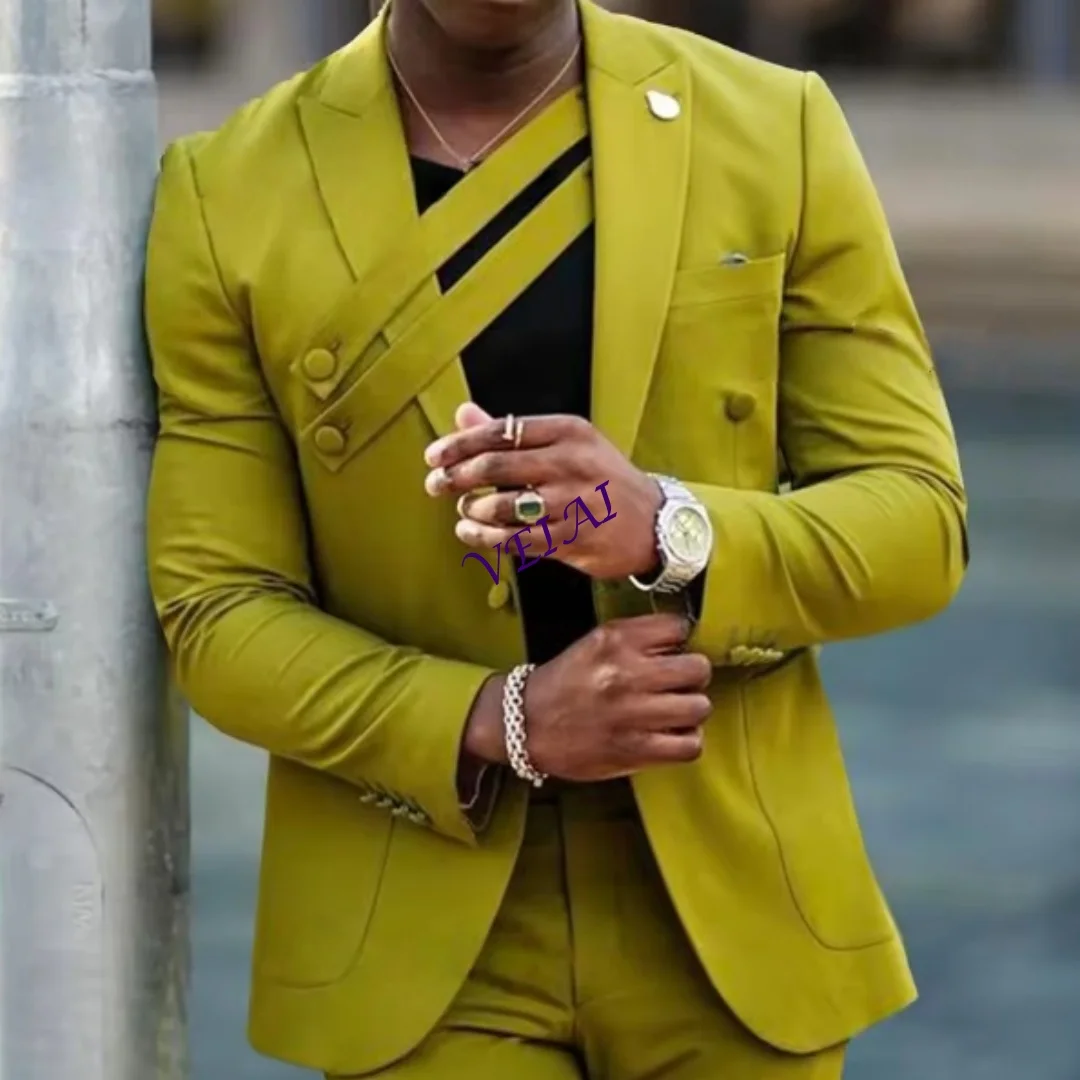 

CustomizedDopamine Colored Men's Suit Ginger Yellow Men's 2-piece Casual Suit Jacket with 2 Decorative Strips and Patch Pocket