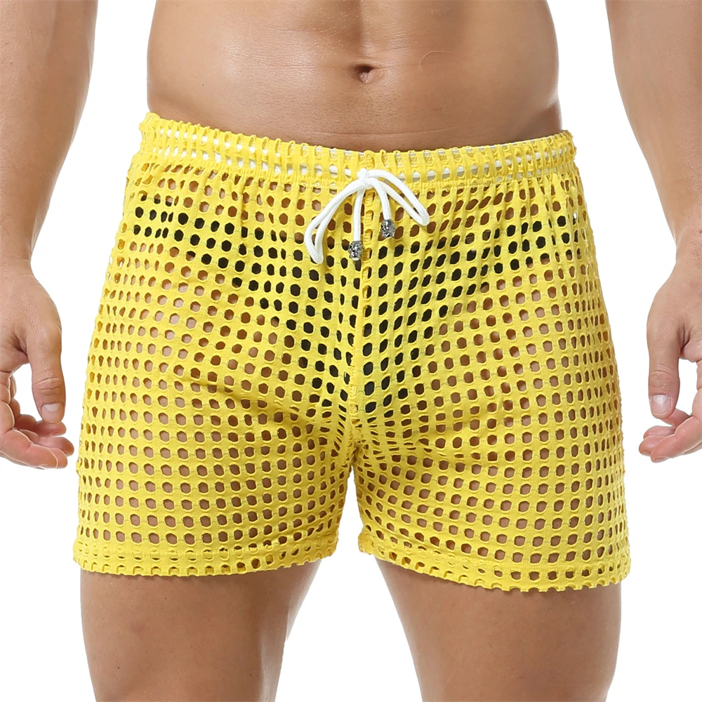 Breathable Mens Sexy Mesh Fishnet Causal Shorts Loose Men Hollow Out Beach Bikini Swim Trunks Drawstring Sport Gym Lounge Shorts