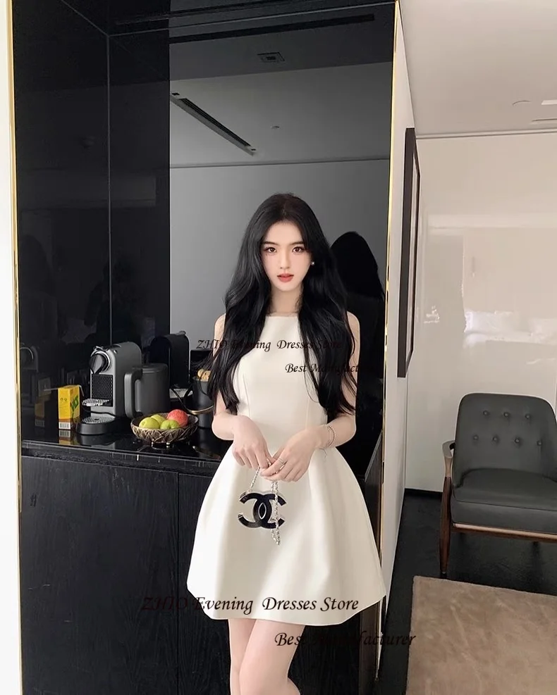 ZHIO Ivory Simple Satin Boat Neck Mini Length Korean Style Evening Gown Dress Strapless Sleeveless Short Prom Cocktail Dress