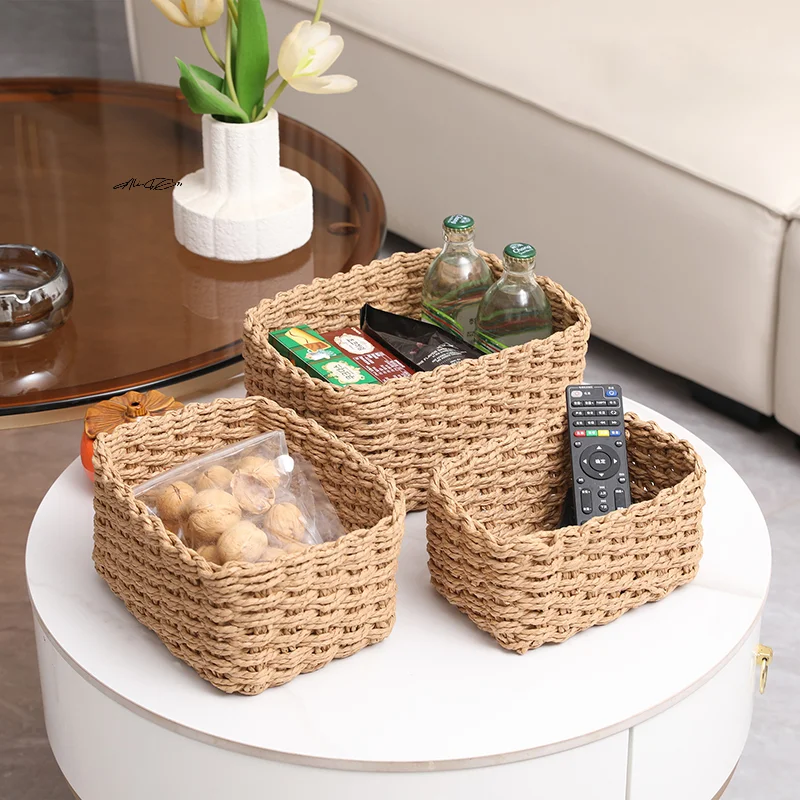 

3Pcs Handmade Straw Woven Soft Round Paper Rope Storage Basket For Organizing Decorative Storage Bins Office Storage Box