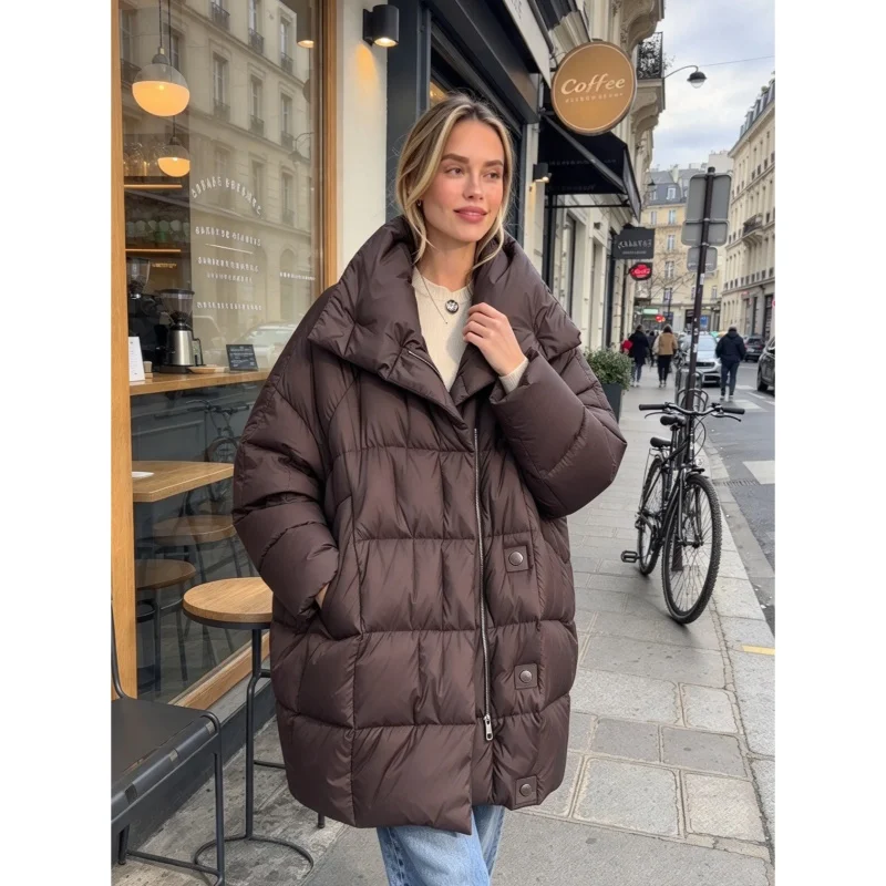 Women Quilted Puffer Jacket High Collar Zip Up Mid Length Loose Fit Oversized Coat Winter Warm Casual Street Ladies Outerwear