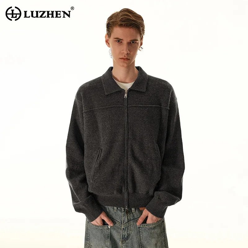 

LUZHEN 2025 новый однотонный элегантный красивый вязаный кардиган на молнии высокого качества модный повседневный мужской свитер с лацканами топы JY5089