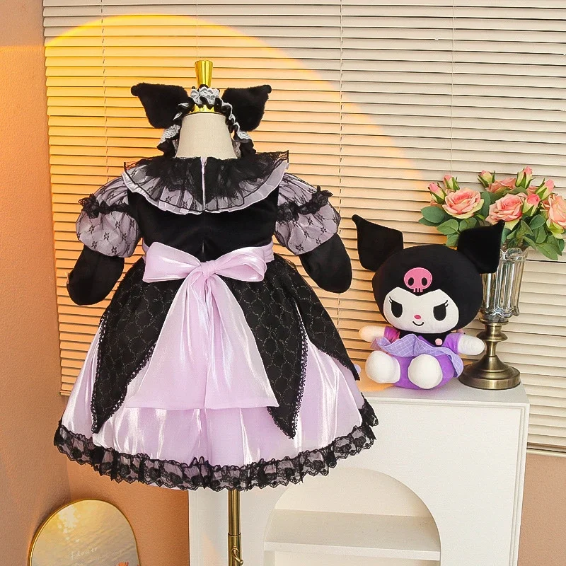 Kuromi Dress Kawaii Sanrio Anime Children Winter Little Devil Long Sleeve Lolita Princess Dress Student Cartoon Lace Tutu Skirt