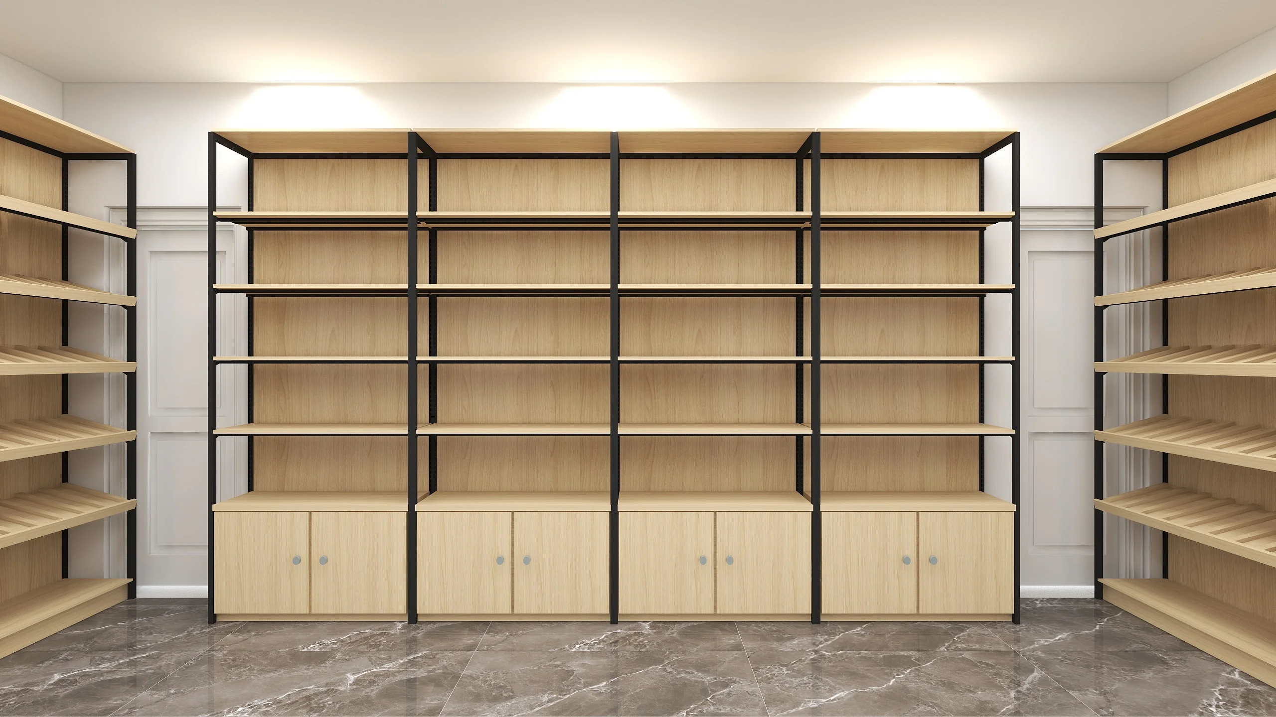 Custom.Custom Shop Shelves Supermarket Wooden Display Rack Gondola Shelving Double-sided Supermarket Shelves Super Market Racks