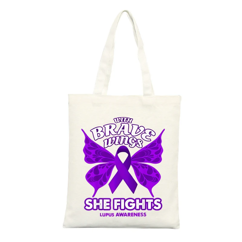 Butterfly and Ribbon Graphic Canvas Tote Bag, Casual Style for Daily Use and Awareness Events