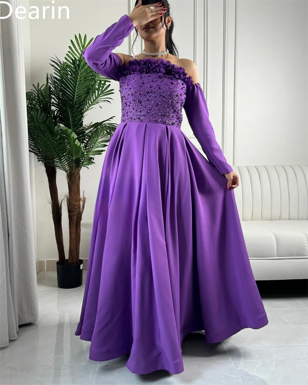 Vestido de noche personalizado Dearin con tirantes finos, faldas hasta el suelo, apliques drapeados, abalorios, vestidos para ocasiones a medida,