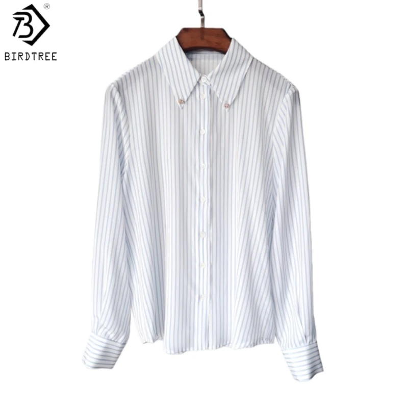 Birdtree,16MM 100% Real Silk Blouse,Women's Double Crepe Stripe Full Sleeve Tops,Single Breasted,2026 New Loose Shirt T61420JF