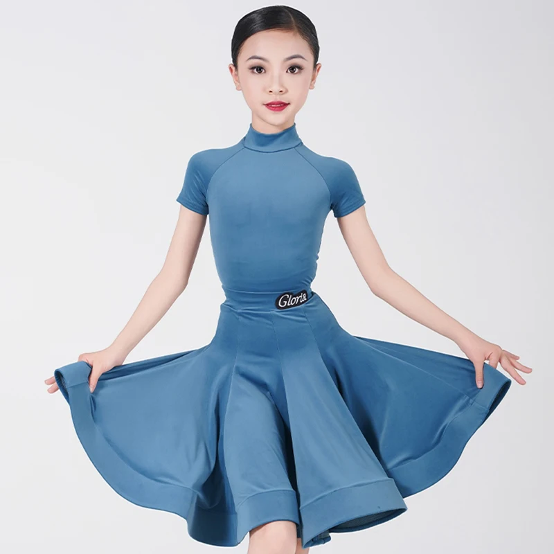 

Girls Latin Dance Dress Blue Red Round Neck Short Sleeve Top Split Skirt Dance Competition Suit Stage Performance Costume VDL176