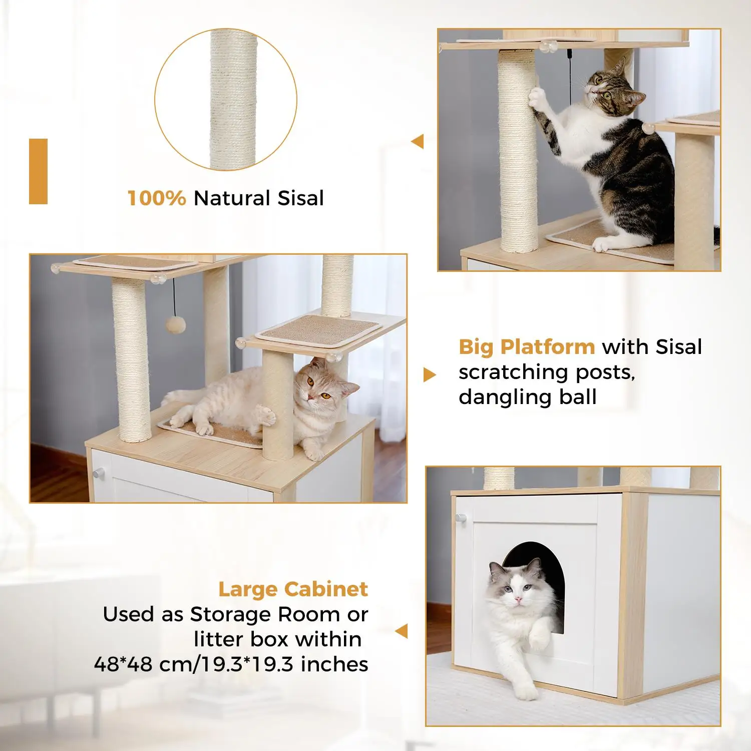 56.7” Cat Tree with Litter Box & Cozy Condo, Storage Cabinet, Scratching Post & Replaceable Balls - Beige for