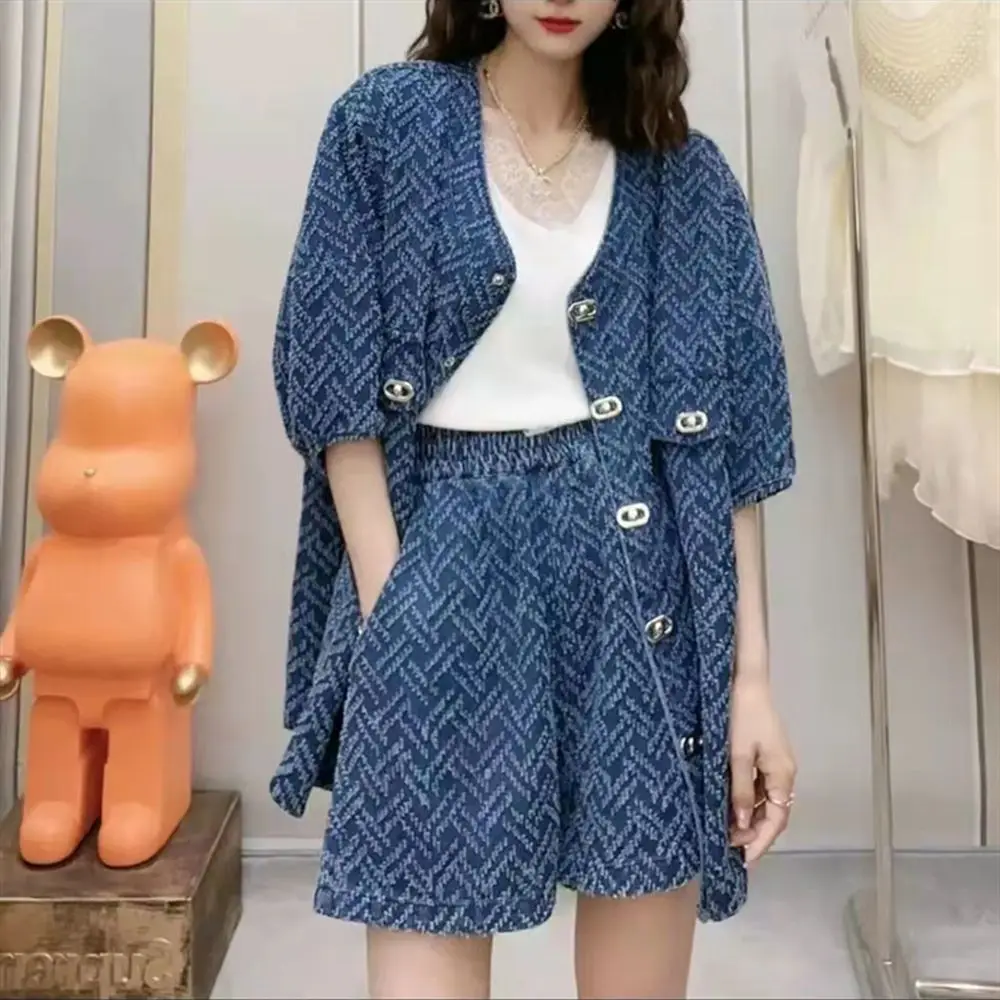 Casual Luxury Cowboy Set Women'S 2026 Summer Loose Round Neck Top With Wide Leg Shorts Two Piece Set