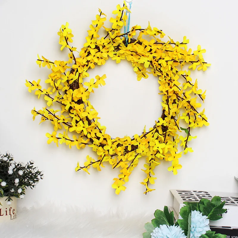 Yellow Jasmine Wreath Spring Front Door Wreath Blossom Cluster Flower Farmhouse Wreath for Home Door Wall Window Decoration