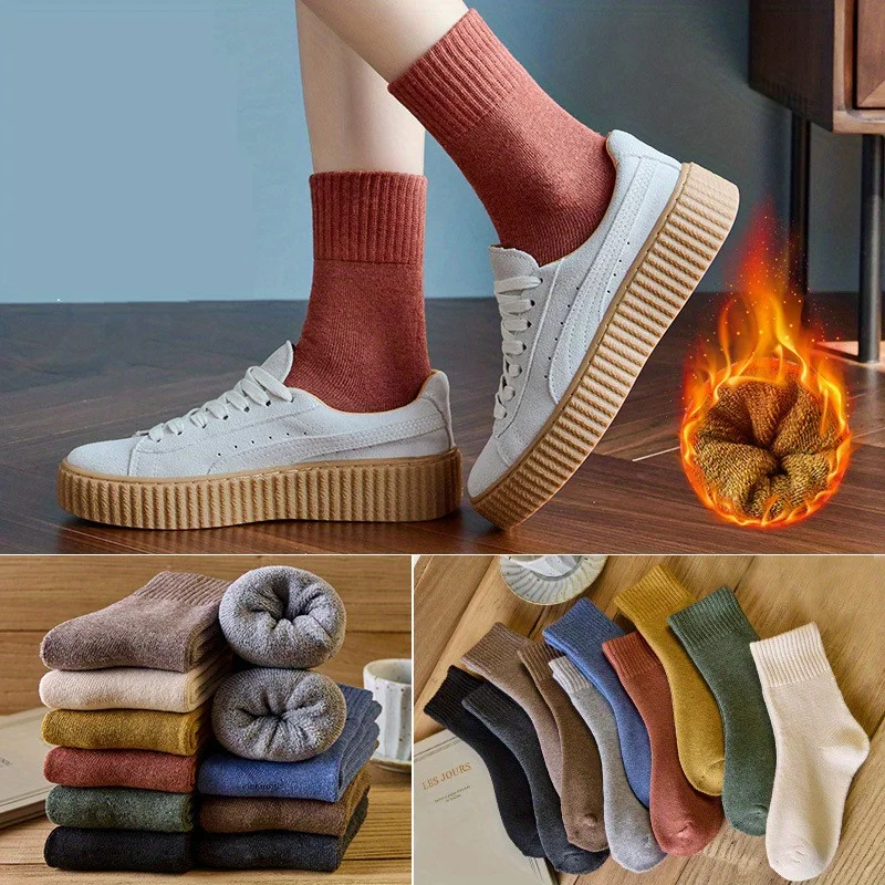 5 أزواج من الجوارب الصوفية السميكة المريحة للنساء-الخريف والشتاء، جوارب أنبوبية كلاسيكية بلون سادة-دافئة، ناعمة للطقس البارد