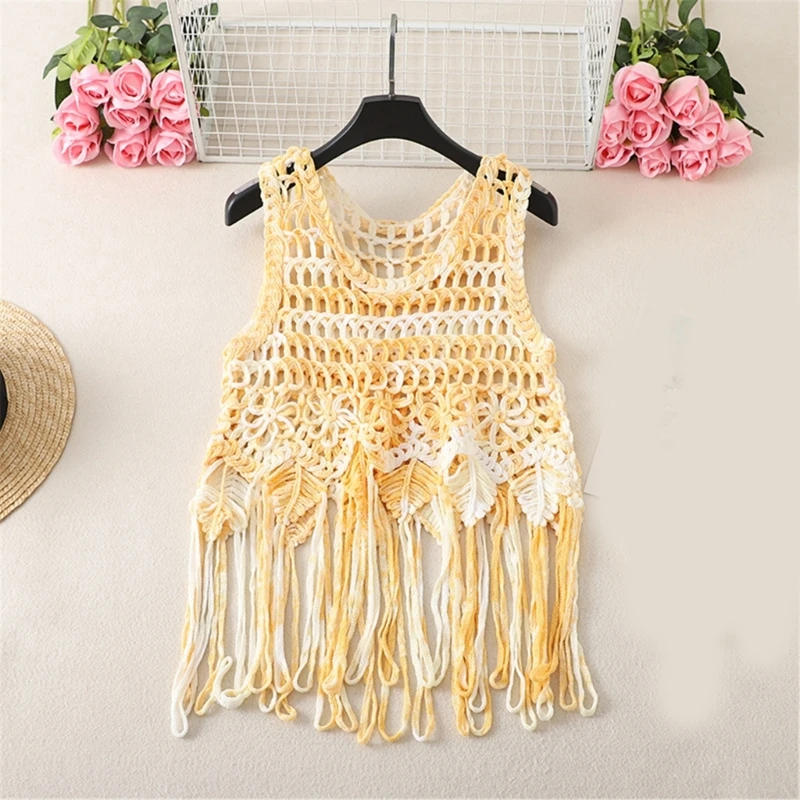 

Hollowed Crocheted Knitted Sleeveless Crop Top Women Tassels Beach Vests 066C