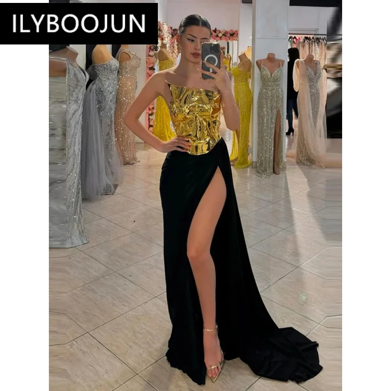 2024 New Fashion Gold Lace-up Tops 2 Pieces Bodycon Floor-length Dress Elegant Evening Party Celebrate Gowns Vestido Brand