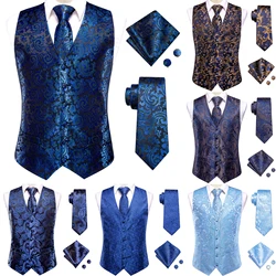 Chaleco de seda azul marino para hombre, conjunto de corbata, chaqueta sin mangas, pañuelo, gemelos, boda, negocios, regalo de gran tamaño