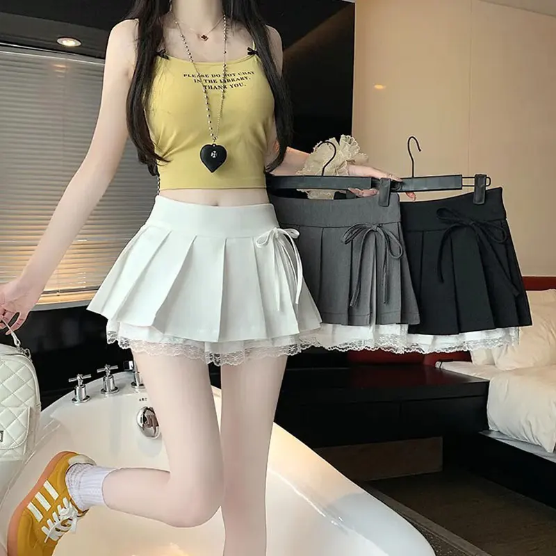 Pure Desire Sexy Lace Patchwork  Skirt Women's Summer Grey  Knot Slit A-Line Ultra Short Skirt Pants Casual Style
