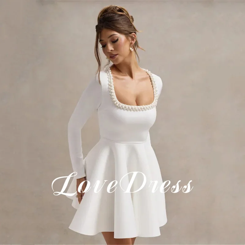 فستان زفاف بسيط مخصص على شكل حرف a وأكمام طويلة أنيق بياقة مربعة وطيات لؤلؤ وسحاب 2026 فستان زفاف قصير عاجي