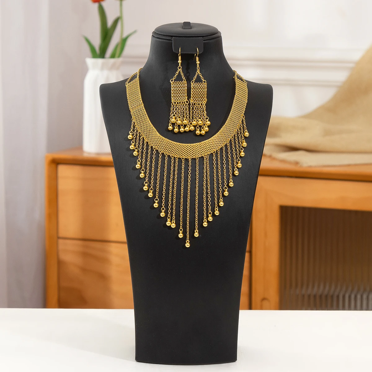

1 Set Women's Gold Plated Dubai Style Handmade Tassel Shaped Necklace & Earrings Wedding Bridal Jewelry Set