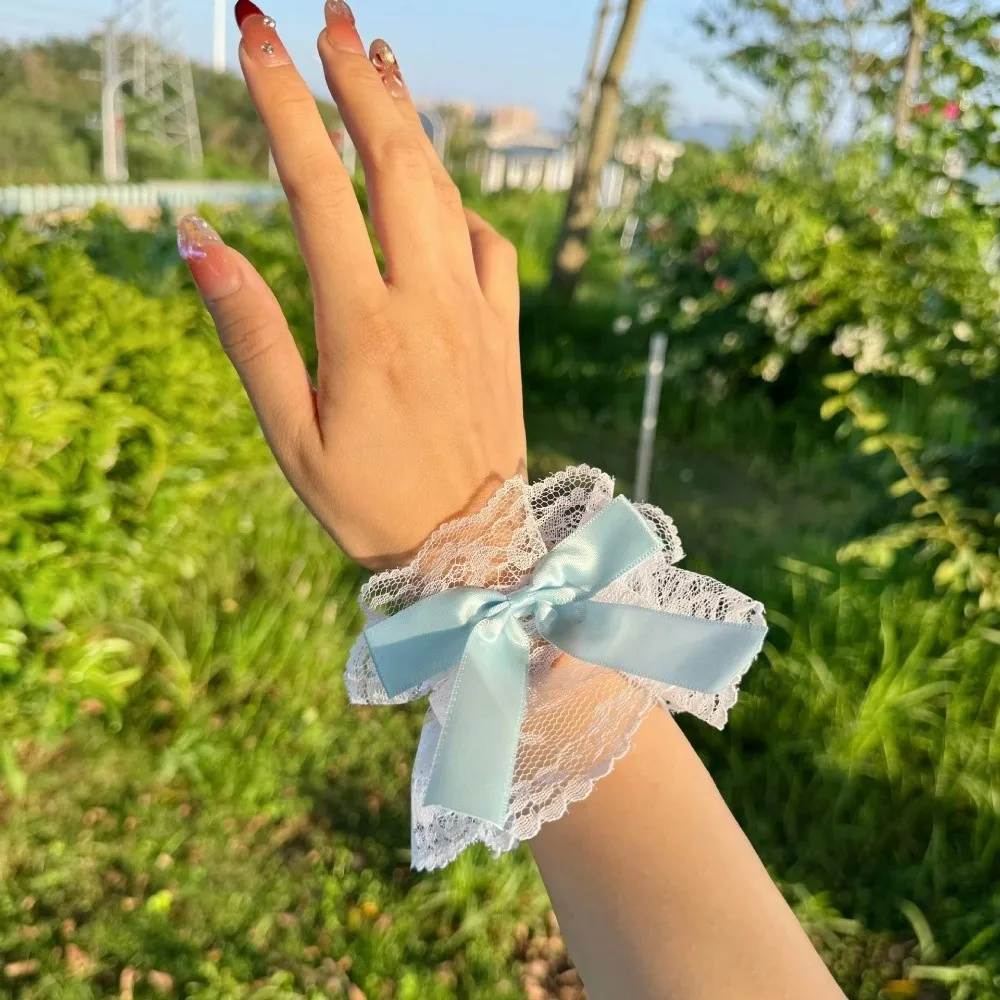 Ruffled Lace Hand Sleeve Cuffs Lolita Floral Tulle Cosplay Wristband Bowknot Sweet Satin Fake Sleeve Gloves Wrist Accessories