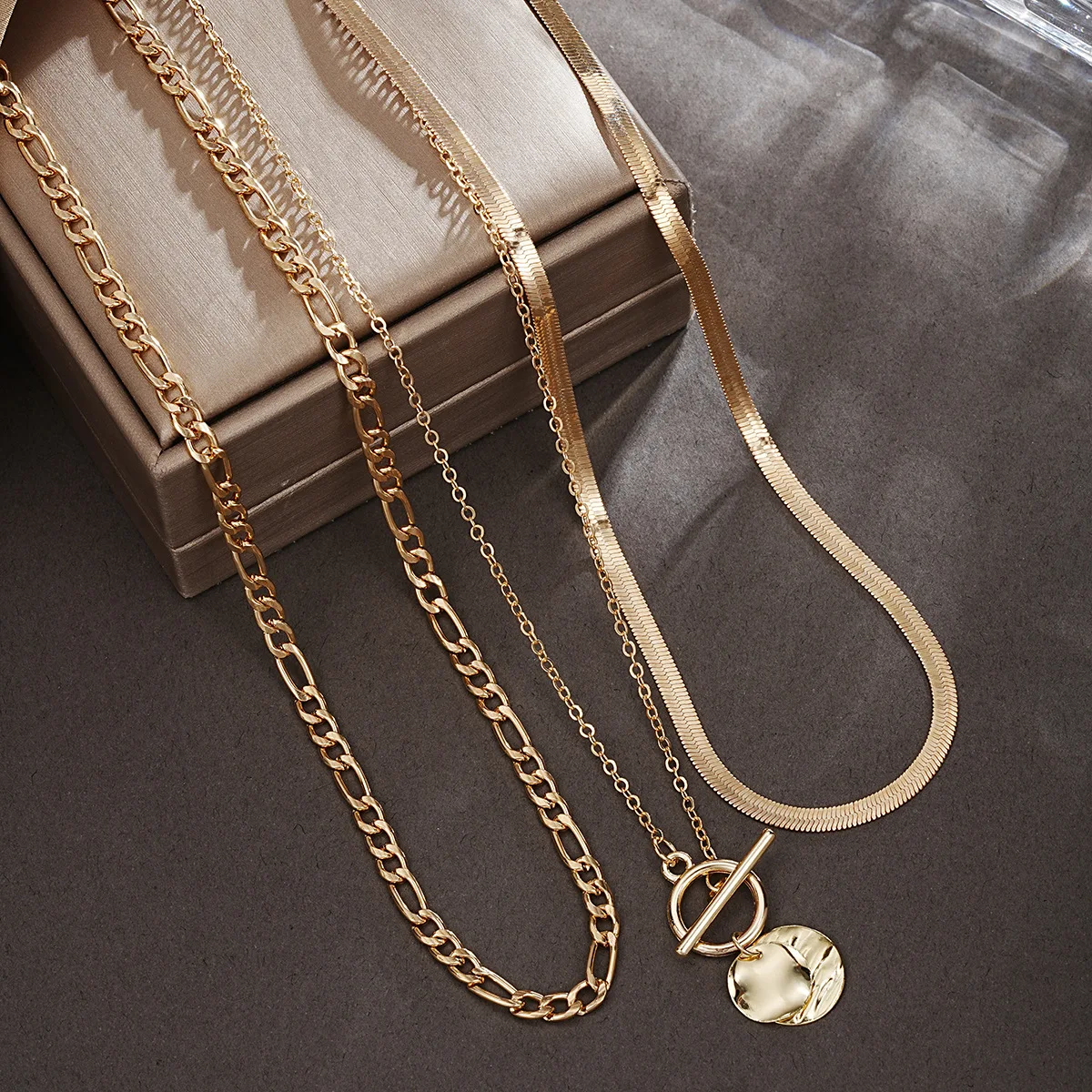 Coin Snake Bone Chain Three Layer Necklace Vintage Multi Coin Pendant OT Clasp for Women Retro Layered Jewelry