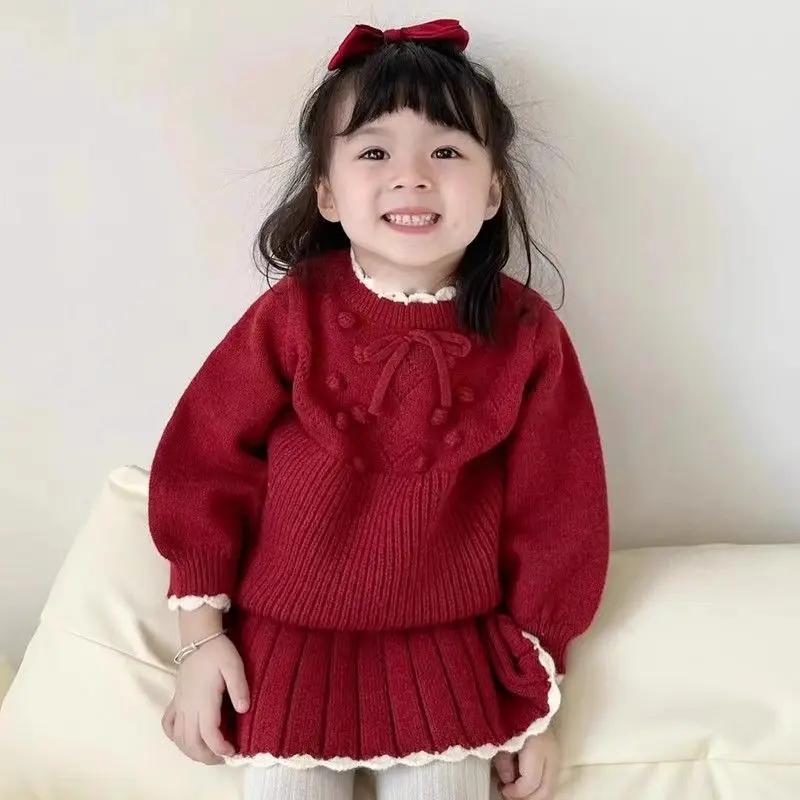 

Fashion Autumn Winter Elegance Sweet knit top+Pleated skirt 2Pcs Girls Sets Childrents Korea Clothing Toddler Kid Party Clothes