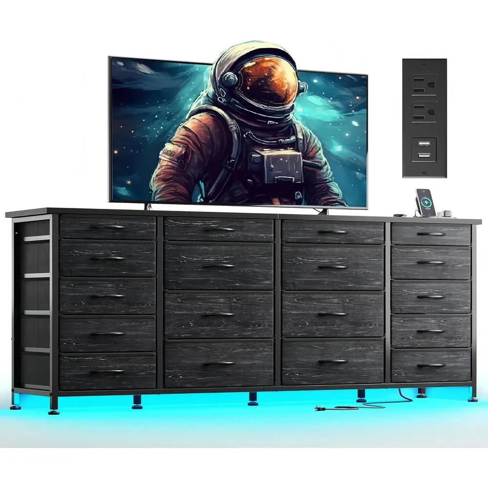 

63 Wide TV Stand with LED Lights & Power Outlets, Bedroom Storage with 18 Deep Drawers, Suitable for 65-75 TVs, Fabric Drawer TV