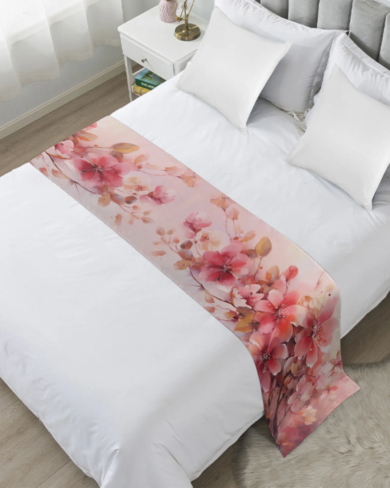 Flower Leaf Bud Watercolor Bed Runner Luxury Hotel Bed Tail Scarf Decorative Cloth Home Bed Flag Table Runner