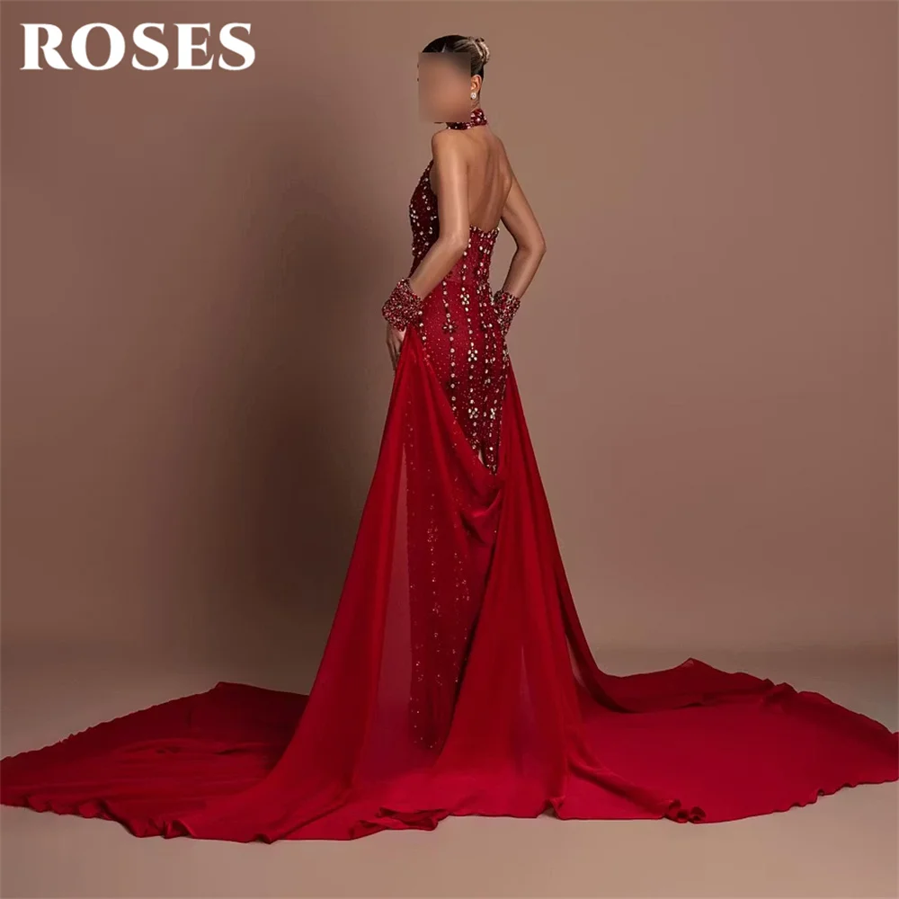 ROSES Red Evening Gown Halter Neck Sleeveless Prom Dress Glitter Sequin Cut Out Wedding Evening Dress robes de soirée Customized