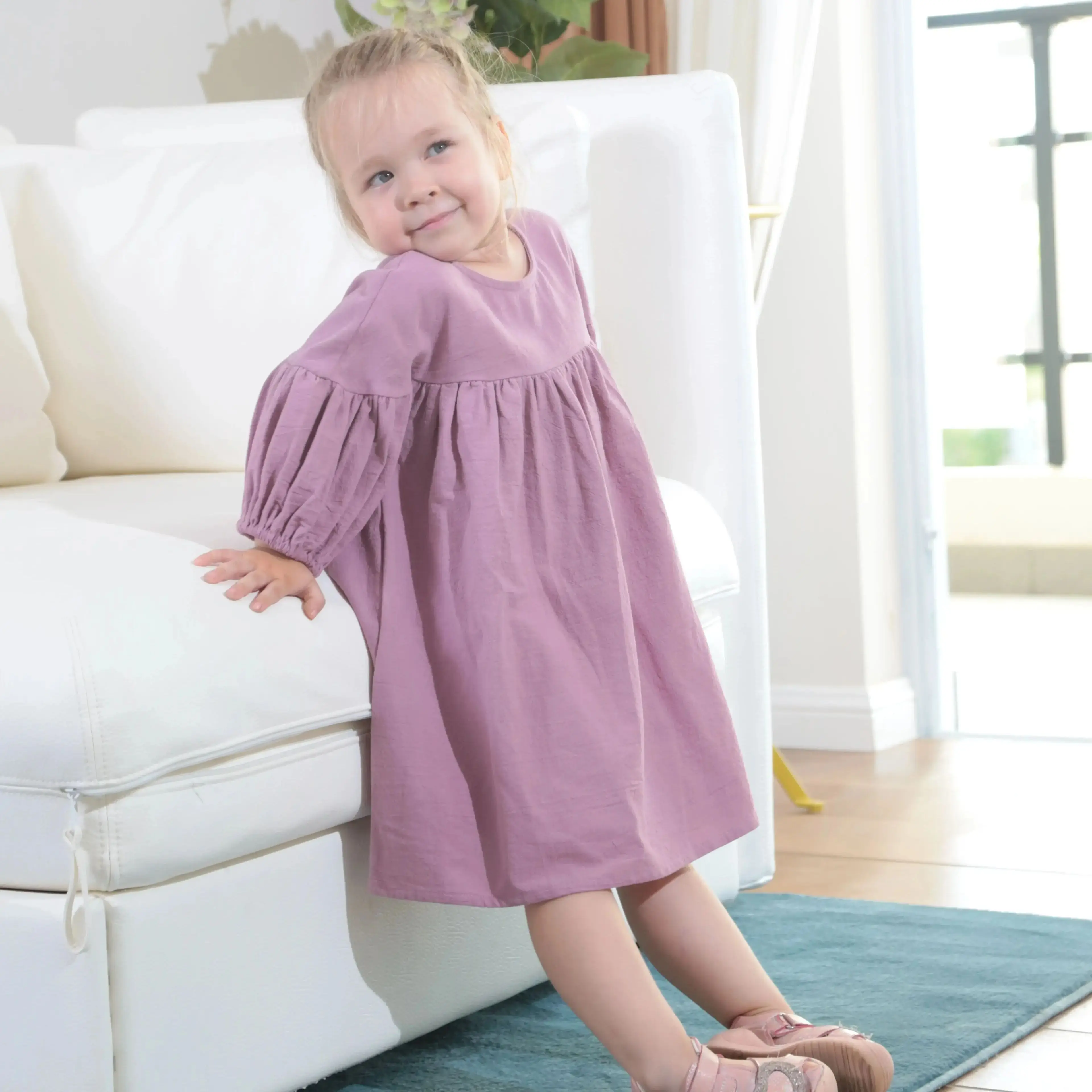 Ins Fashion Spring Autumn Kids Casual Solid Color Linen Cotton Little Girl Strapless Dresses Princess Baby Dress