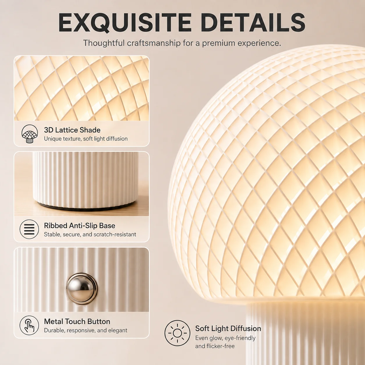 Table Lamp 3D Printed Spherical Ribbed Base for Bedroom Desk Living Room Touch Control 3 Color Modes Dimmable Eye-Friendly White