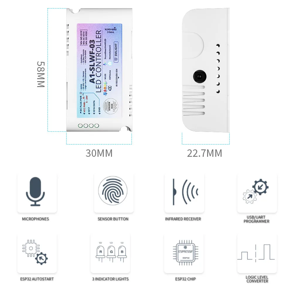 SMLIGHT WLED ESP32 Mic RGBIC Pixels LED Contrmatérielle Home Assistant Control WS2812B WS2811 WS2813 WS2815 LED Bande Lumineuse DC5-24V