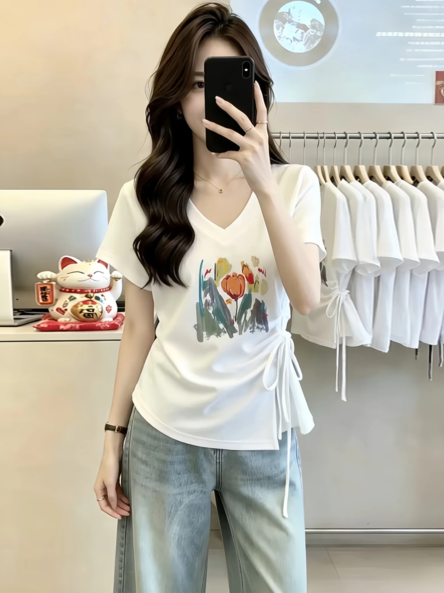 

plus Size Casual Short Sleeve T-Shirt Women's Drawstring Waist Slimming Print Summer New Design Comfortable Breathable Top