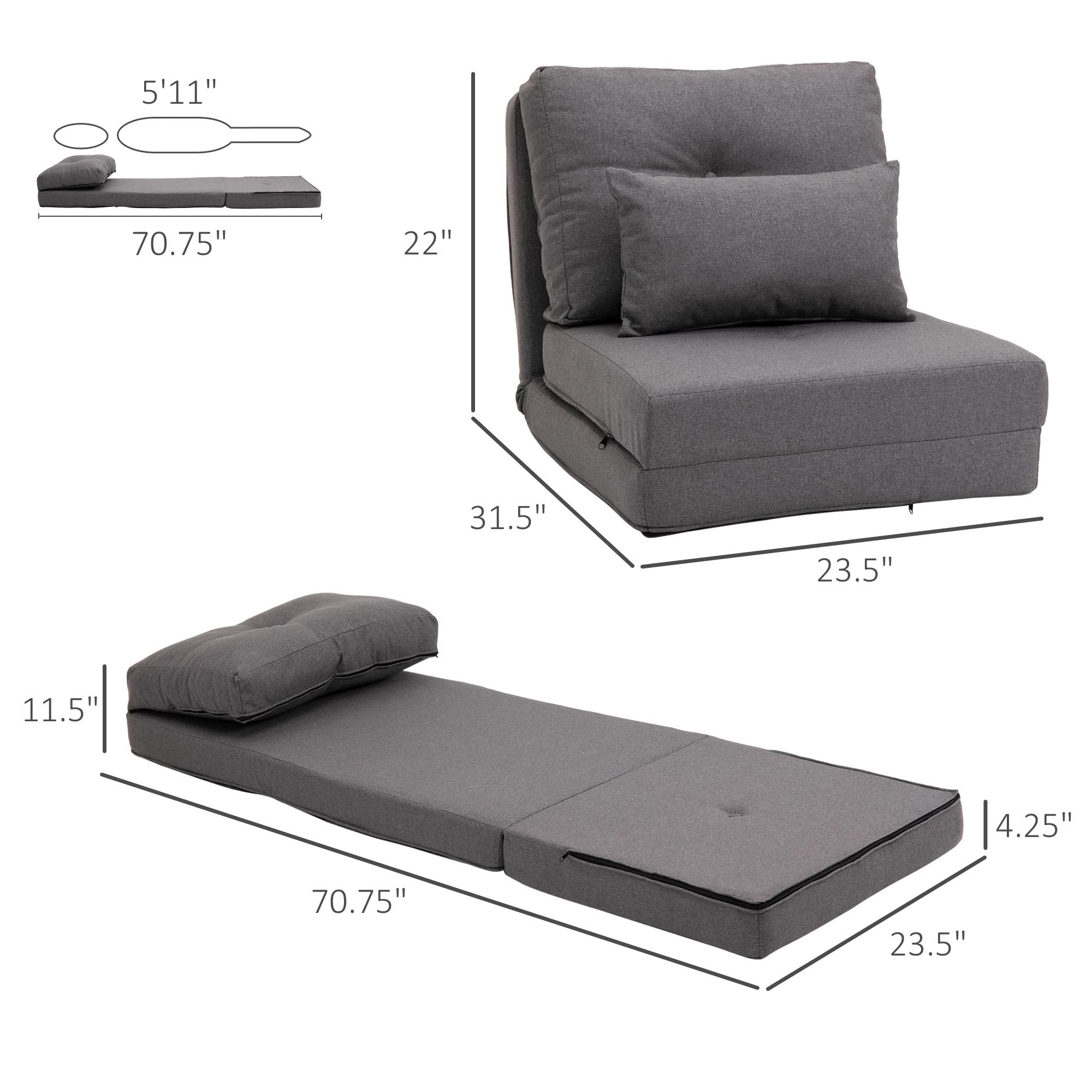 Foldable Floor Sofa Chair Seat W/ Adjustable Backrest & Pillow, Living Room Grey