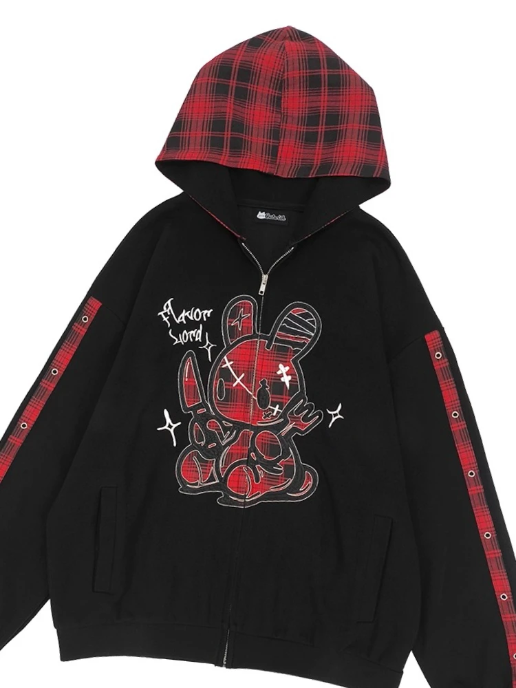 

Punk Subculture Cartoon Print Y2K Plaid Patchwork Hoodies Women Autumn New College Style Sweet Cool Y2K Casual Zip Up Hoodie
