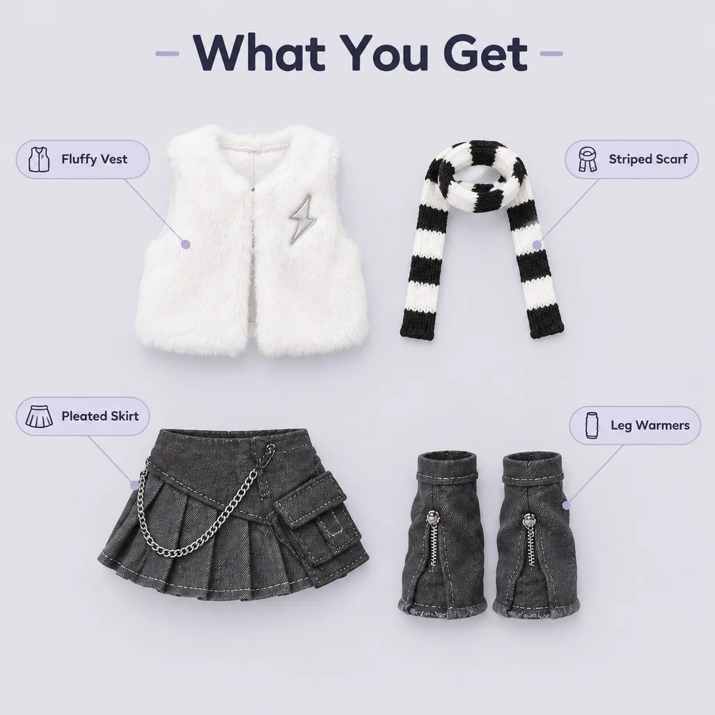 BJD Doll Clothes Cute Street Style Faux Fur Vest, Gray Pleated Skirt, Striped Scarf & Leg Warmers Outfit, Doll Not Included - view 2