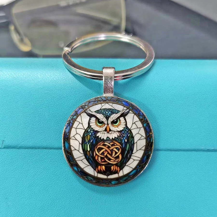Vintage Mosaic Owl Pendant Key Holder Fashion Bag Charms Stained Glass Style  Accessory Keychain for Men Women view 5