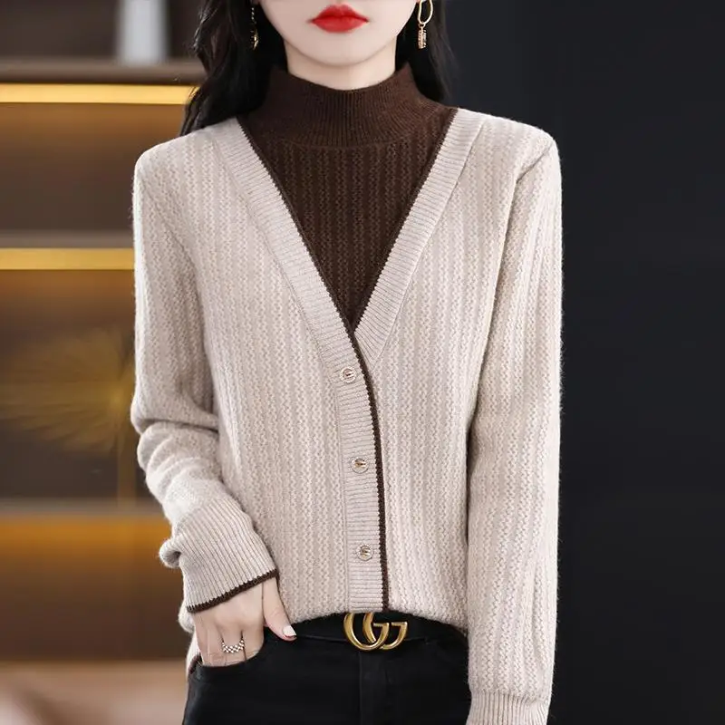 2023 Autumn Winter New Half High Neck Sweater Women Contrast Button Korean Simple Loose Splice Fake Two Piece Long Sleeve Tops