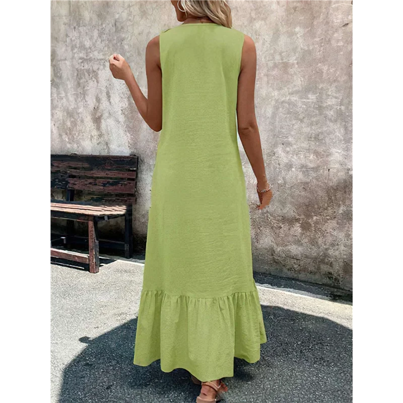 【】 Vestido feminino verão praia algodão regata linho boho sem mangas em camadas babado maxi vestido longo