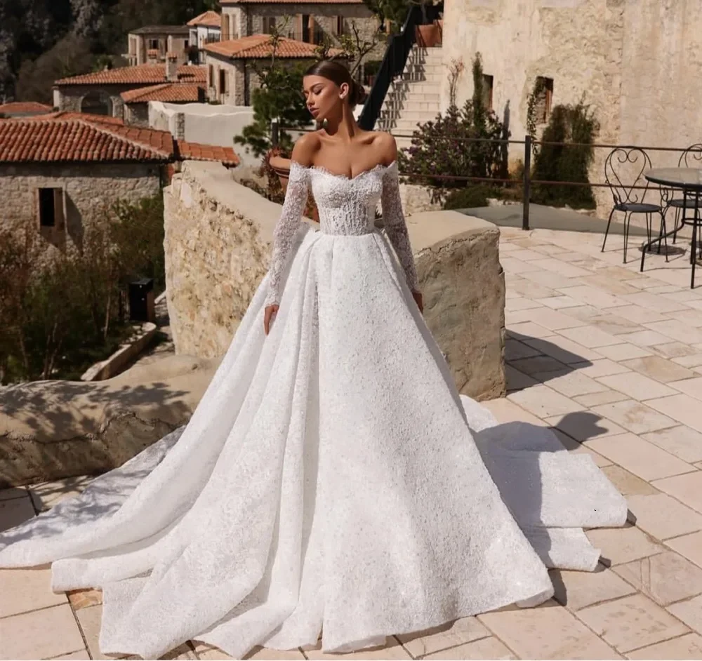 

Flavinke Customized elegant sexy lace wedding dreses Sweetheart collar long-sleeved women's wedding dresses Vestido de novia