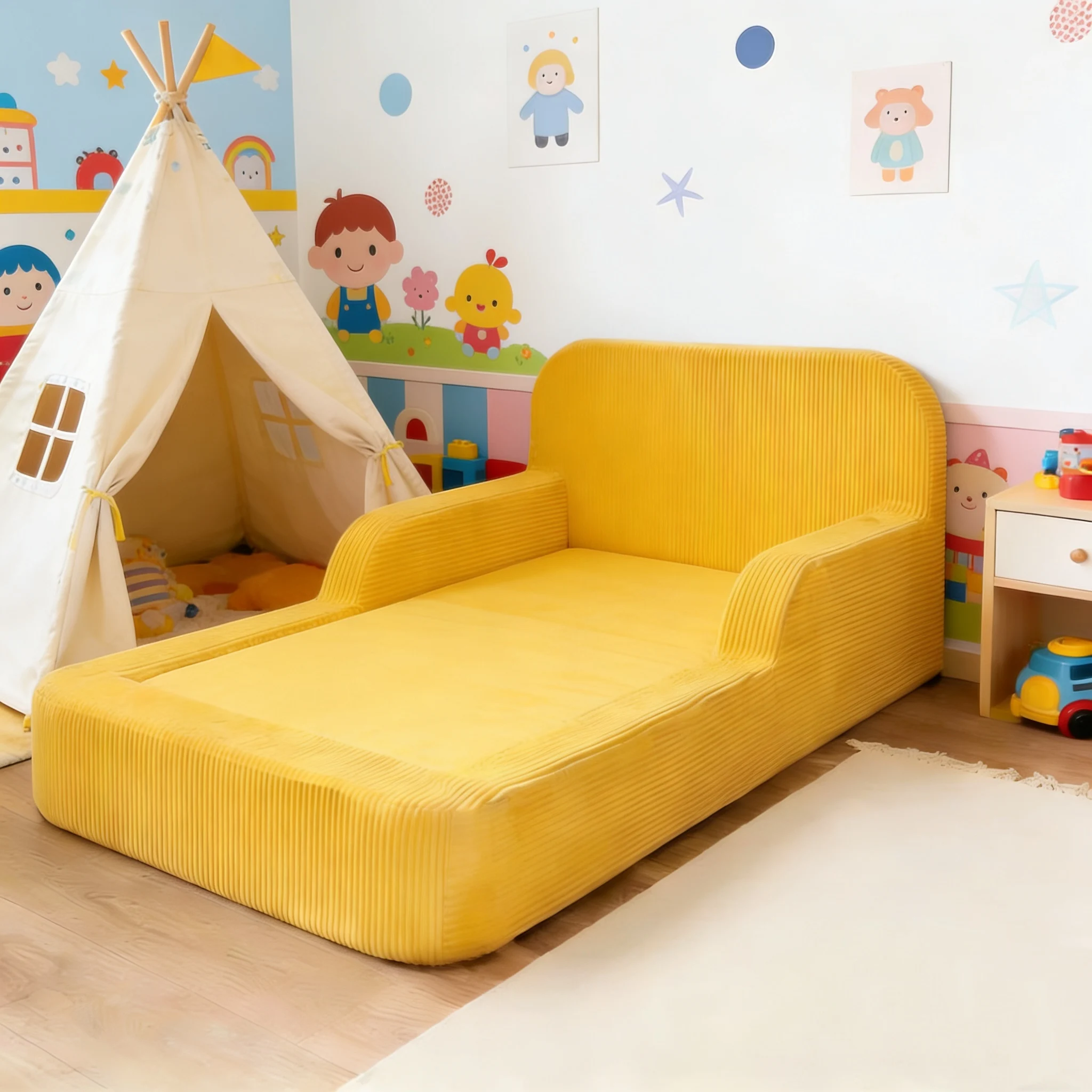 Modern Foldable Kids Sofa Bed Washable Corduroy Toddler Couch Soft Foam Children Sofa for Playroom and Nursery Furniture