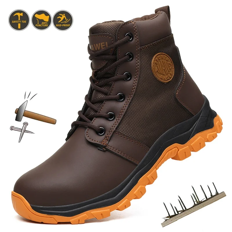 New Borwn Safety Work Shoes for Men Work Sneakers Protect Puncture-proof Protective Work Boots Steel Toe Indestructible Shoes