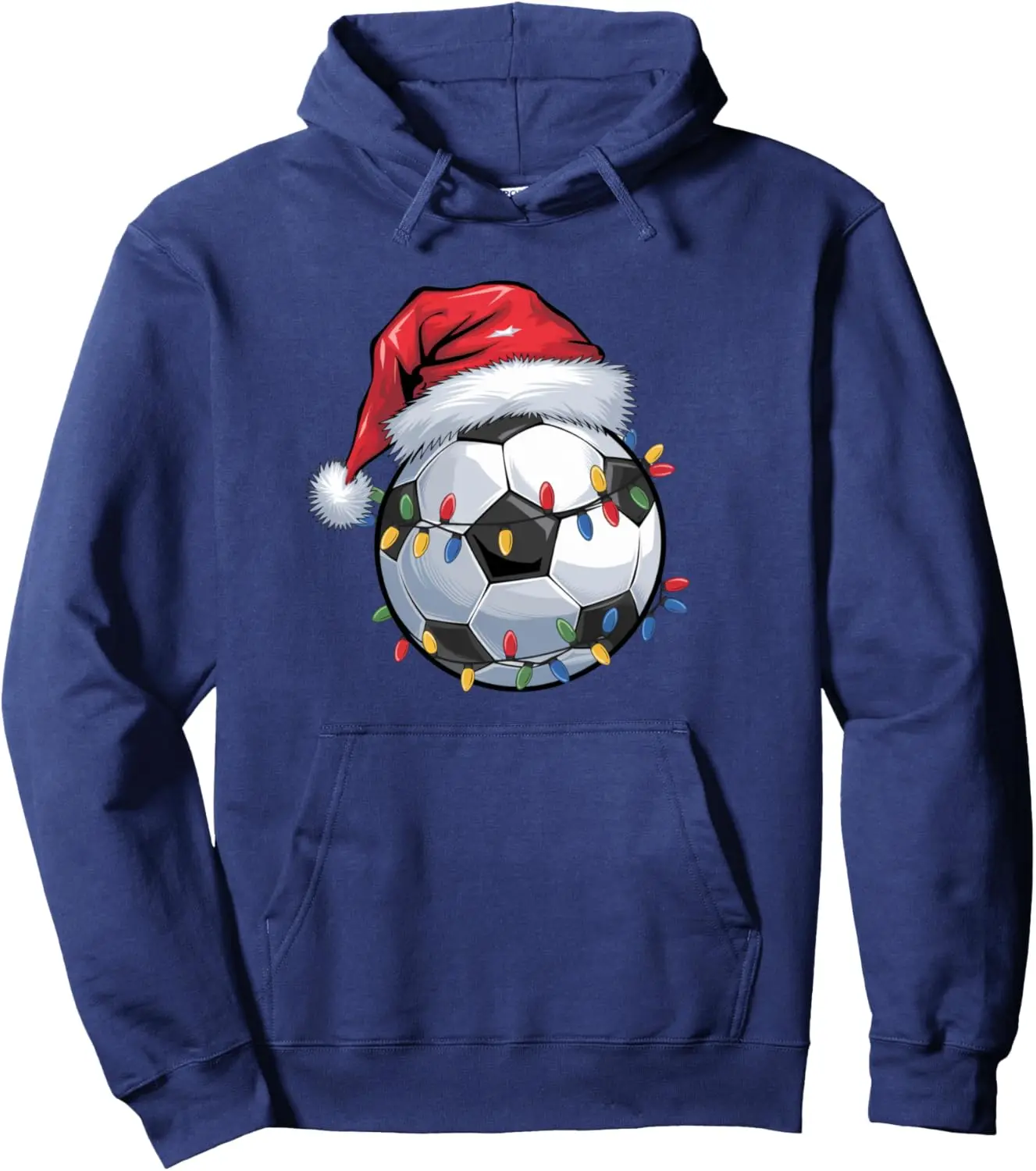 Soccer Christmas Santa Hat Lights Holiday Festive Gift Pullover Hoodie Print on Demand  Women Mens Hoodie Funny Tops