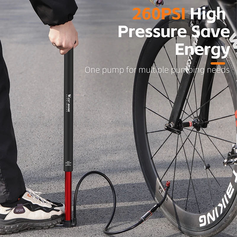 WEST BIKING 260PSI High Pressure Bicycle Pump With Tire Gauge Schrader/Presta Valve Floor Pump Extension Hose Cycling Accesories