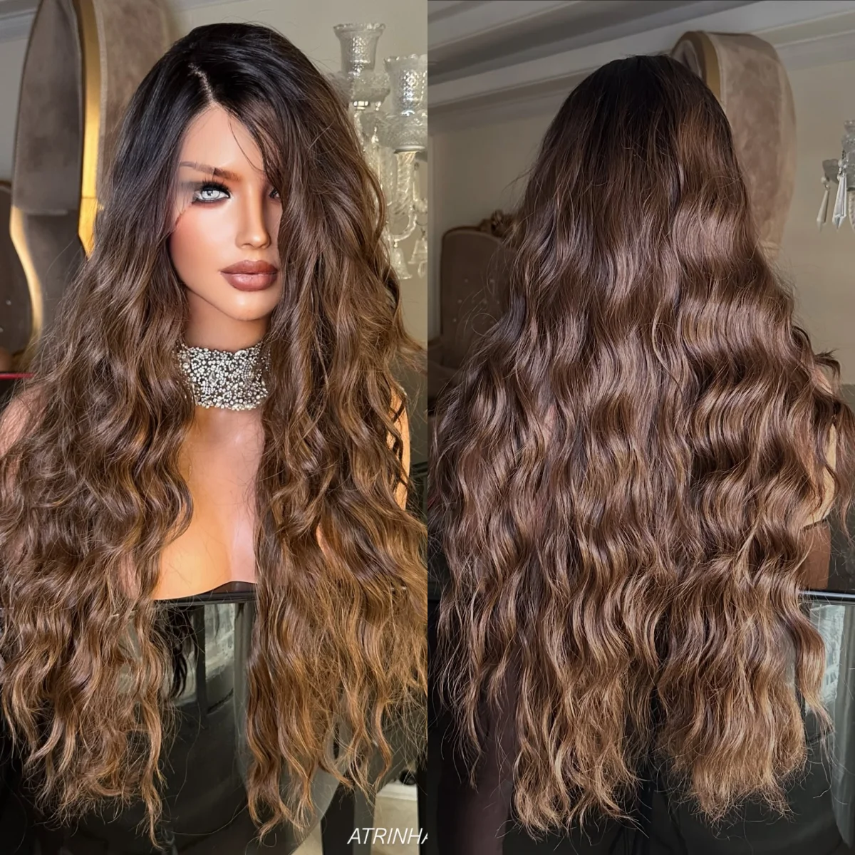 32 Inches Ombre Chocolate Brown Deep Wave Synthetic Lace Front Wigs Soft Long Length Small Large Cap Size Glueless Glueless Wigs